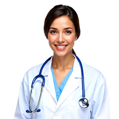 A high-resolution portrait of a smiling young female doctor in a white lab coat with a stethoscope, looking at the camera with a friendly expression on an isolated white background