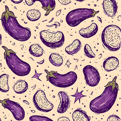 Seamless floral vector pattern with cute cartoon eggplant icons, a vintage food design for a vibrant wallpaper texture.