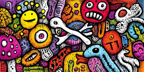 Obraz premium A vibrant, chaotic composition of whimsical creatures and organic shapes, bursting with bold colors and intricate linework.