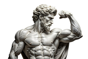 Ancient Greek Sculpture of a Muscular God Flexing Biceps and Pecs in Classical Art Style, Representing Strength and Power