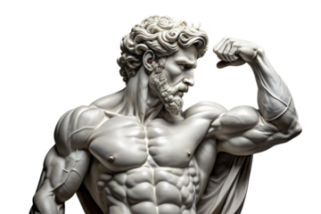 Ancient Greek Sculpture of a Muscular God Flexing Biceps and Pecs in Classical Art Style, Representing Strength and Power
