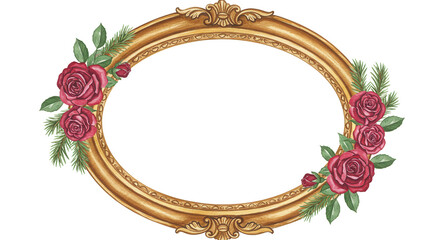 Golden ornate frame with red roses and greenery for decor  