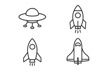 Spaceship and UFO collection set, editable stroke vector icons, cartoon rocket and flying saucer illustrations for infographics, articles, books, flyers, banners, transparent background