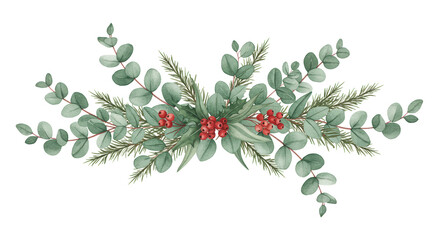 Watercolor Christmas decor elements with green leaves and red berries  