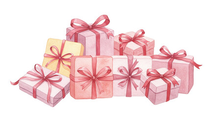 Obraz premium Colorful watercolor presents stacked with pink ribbons for holidays 