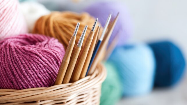 A vibrant assortment of yarn balls and knitting needles in a woven basket, showcasing a cozy crafting scene
