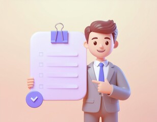 Businessman character presenting checklist in modern cartoon style