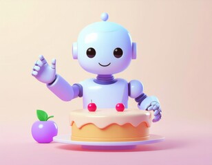 Cute robot waving next to cake and apple on pastel background