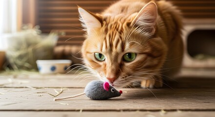 Orange tabby cat with green eyes intently sniffing a gray felt mouse toy on a wooden floor