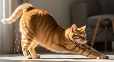 Ginger tabby cat stretching its body on a sunlit floor in a room ginger cat