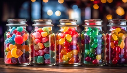 Colorful Candy Assortments Glass Jars Sweet Treats Vibrant Delights Chewy Gummies Lollipops Mouthwatering Dessert Gummy Confectionery Delicious Favor