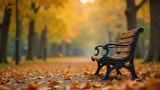 Golden autumn leaves blanket a tranquil park path beside a rustic wooden bench inviting moments of serenity