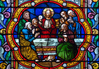 Stained glass (19th century) of Last supper of Jesus Christ.