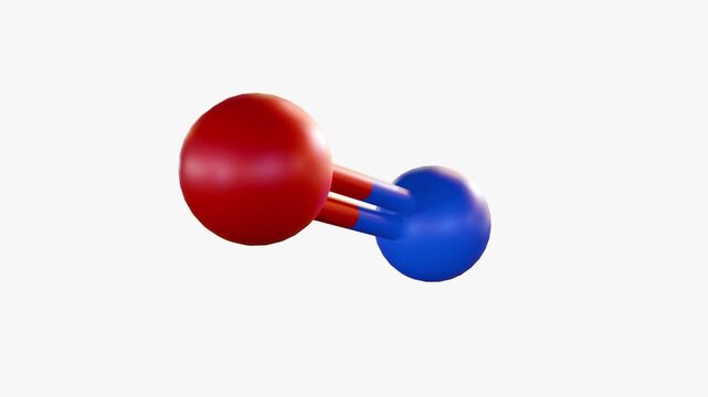 A 3d animation of molecular model of nitric oxide (NO), represented by two spheres connected by two cylindrical bonds.
