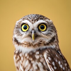 Obraz premium Speckled owl with vivid yellow eyes facing forward on mustard yellow background, evoking visual intensity, stylized realism, and graphic charm
