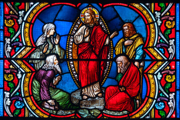 Stained glass (19th century) of apparition of Christ to the disciples after the Resurrection.