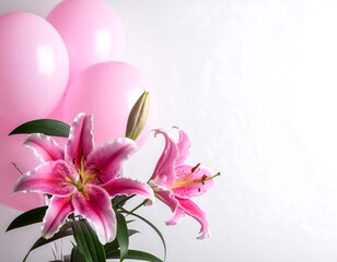 Pink lilies and balloons against a white background © Wedus