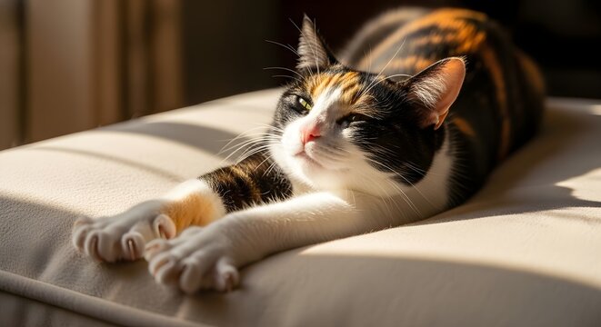 Calico cat stretches out on a light colored surface bathed in warm sunlight