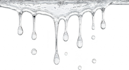 Crystal clear water droplets forming and falling from a dark surface in a dynamic cascade