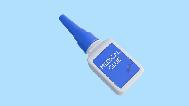 A 3d animation of a bottle of "MEDICAL GLUE",  the molecule is a cyanoacrylate approved for use as topical skin adhesives.