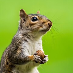 Obraz premium Squirrel holding nut with front paws against vibrant green background, evoking curiosity, seasonal behavior, and natural woodland charm