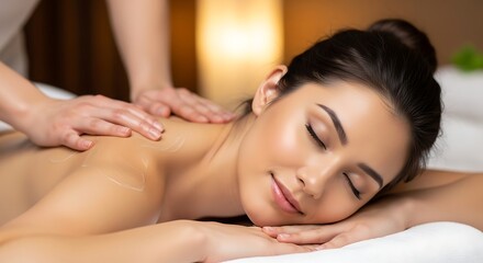 Fototapeta premium Young Woman Receiving Relaxing Massage in Calm Spa Setting