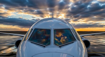 Front view of private jet cockpit with pilots visible against dramatic sunset sky