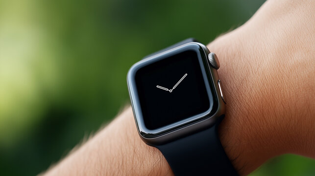 Smartwatch displaying time on wrist against blurred green background - Powered by Adobe