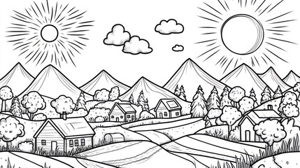 Hand drawn mountain village landscape