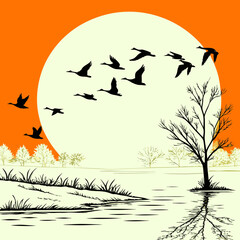 Migrating Geese over a Lake at Sunset