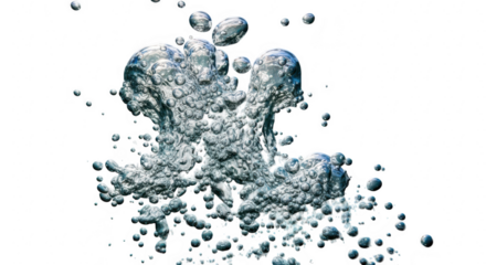 Abstract formation of numerous clear water bubbles rising against a dark background