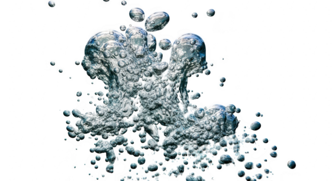 Abstract formation of numerous clear water bubbles rising against a dark background