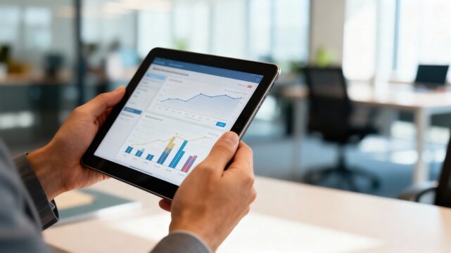 A person reviews financial data on a tablet in a modern office setting.