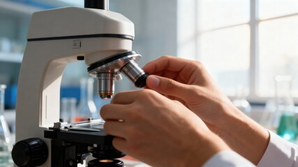 Scientist adjusting a microscope in a laboratory setting for research.