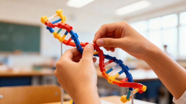 Hands assembling a colorful DNA model in a classroom setting.
