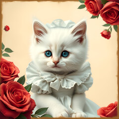 White kitten and flowers portrait vintage style