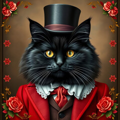 Portrait of a black fluffy cat with bow tie and top hat
