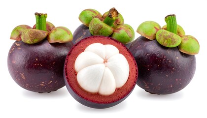 Fresh mangosteens, whole and halved, isolated on white