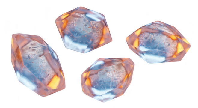 Four sparkling faceted gemstones with warm peach and blue hues against a dark background