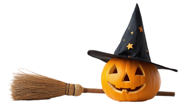 Halloween pumpkin with witch hat and broom isolated on transparent background