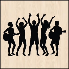 Fototapeta premium black silhouette of a lively beach party on a pure wooden background