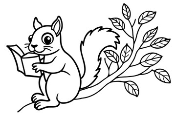 Cute Squirrel Reading a Book with Branch and Leaves Outline Illustration