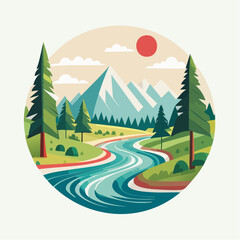 Serene Mountain Landscape with Winding River and Evergreen Trees Under a Sunny Sky