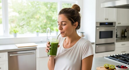 Young Woman Drinking Green Smoothie in Bright Modern Kitchen