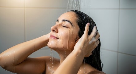 Young Woman Washing Hair Under Shower with Water Droplets Relaxed and Content in Bathroom