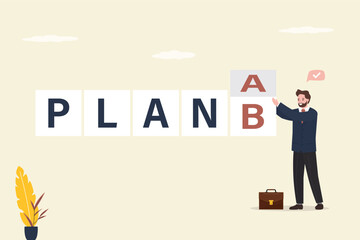 Confident businessman flip cube with word - plan A to plan B. Changing business strategies for survival concept, business strategy plan to have secondary for emergency case