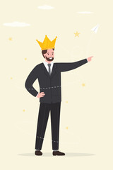 Narcissist people, narcissistic businessman adores himself and takes pride in his crown. Leadership, influencer, CEO or executive position, leading business forward.