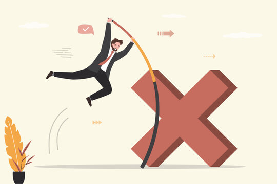 Confident businessman pole vault and trying to jump through big cross sign. Business man learning from mistake for career growth, overcoming failure to become the best