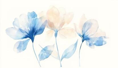 Watercolor beige and blue floral clip art, vector illustration on a white background, with pastel colors and high level of detail, in PNG format.