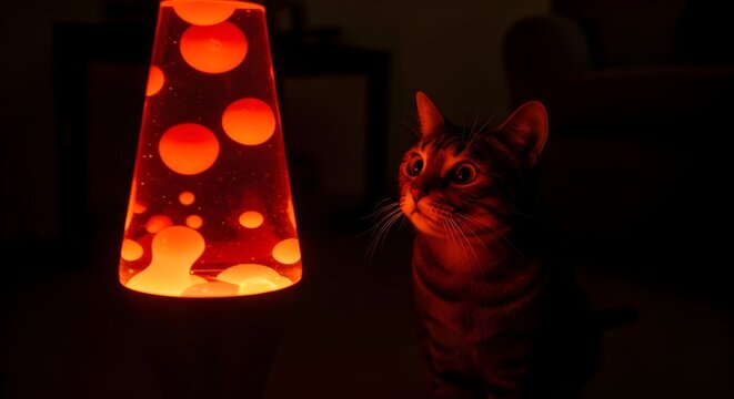 Tabby cat curiously gazes at an illuminated lava lamp with orange blobs in dark room - Powered by Adobe